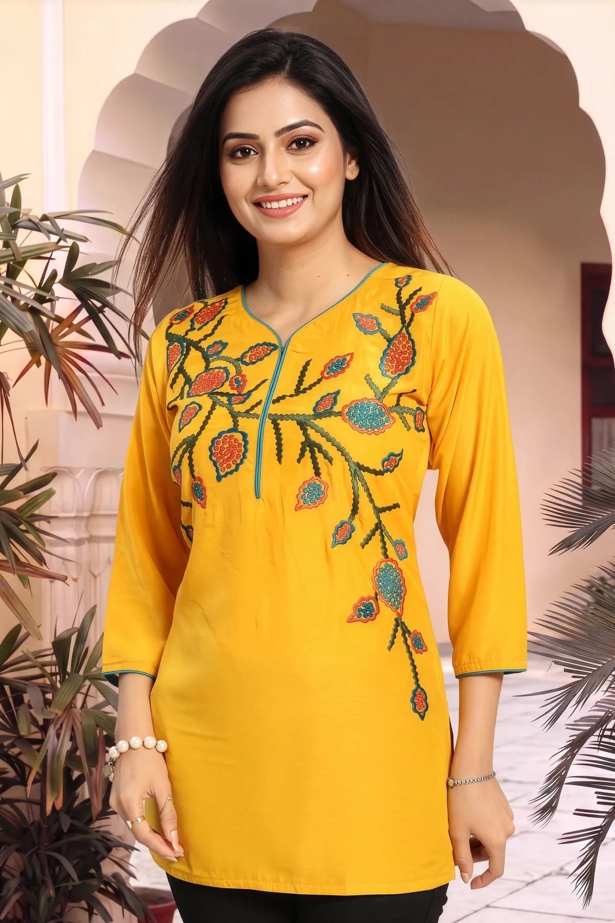 Mustard Yellow Masleen Tunic Top with Embroidered V Neck