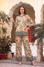 Beige Floral Print Crepe Silk Kurti and Pant Co-ord Set
