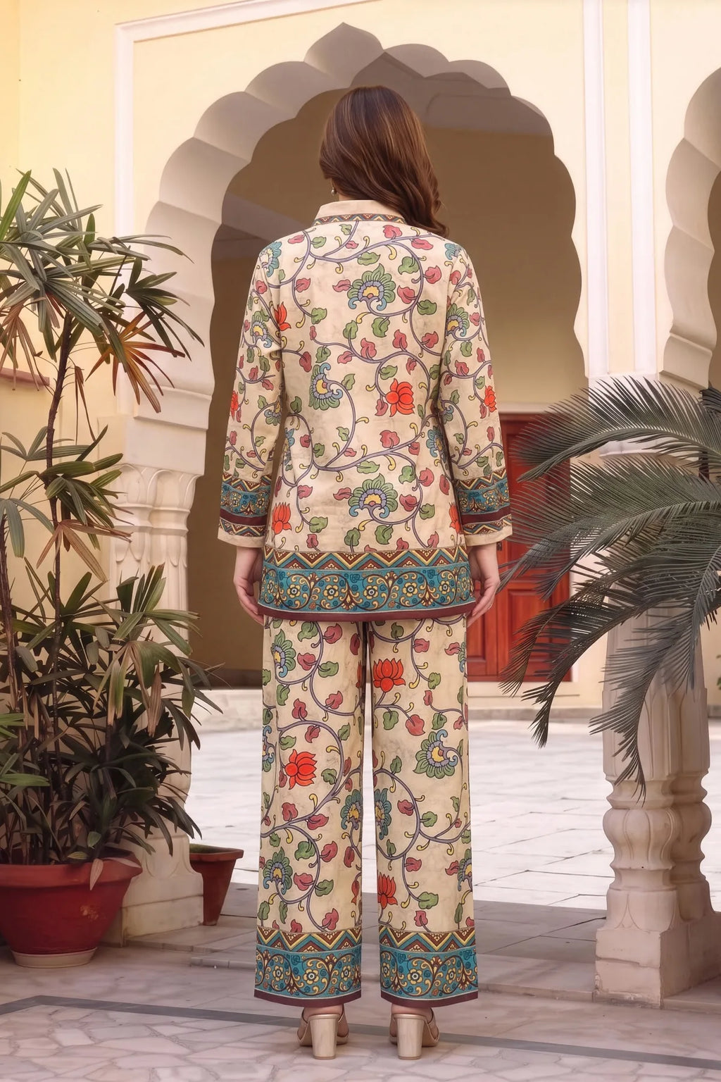Beige Floral Print Crepe Silk Kurti and Pant Co-ord Set