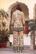 Beige Floral Print Crepe Silk Kurti and Pant Co-ord Set