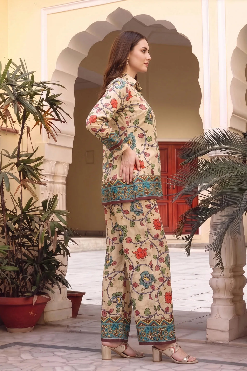 Beige Floral Print Crepe Silk Kurti and Pant Co-ord Set