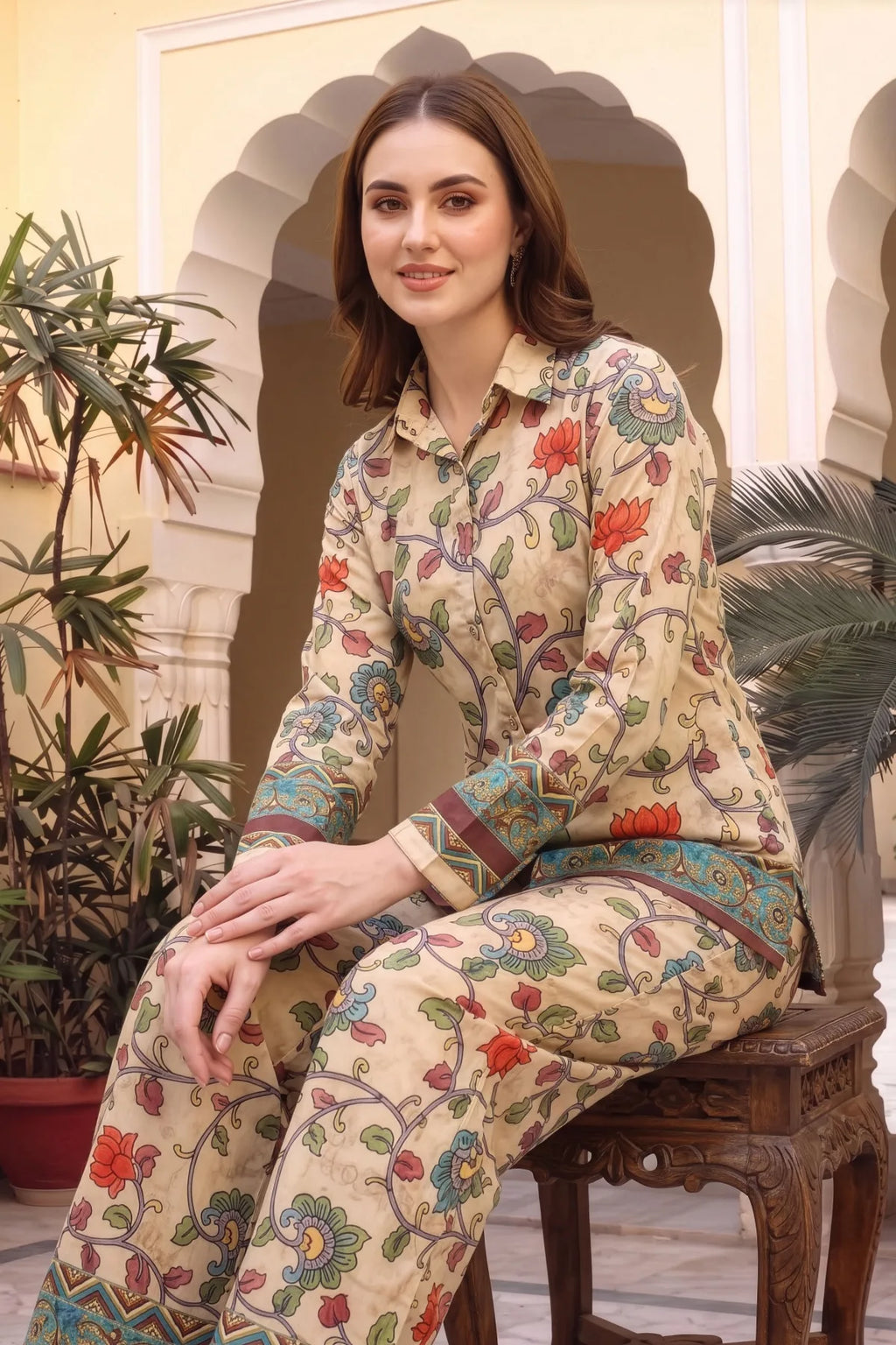 Beige Floral Print Crepe Silk Kurti and Pant Co-ord Set