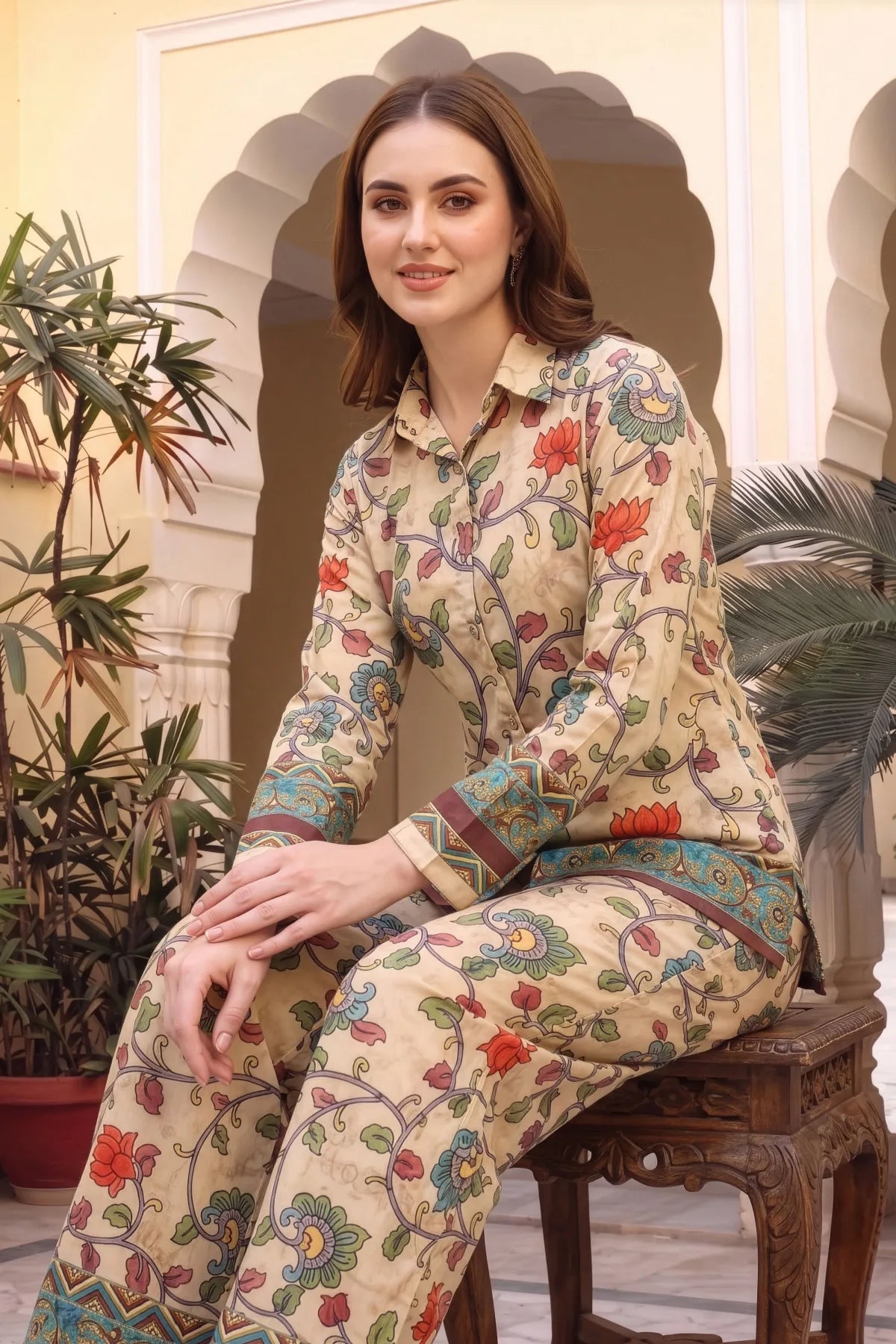 Beige Floral Print Crepe Silk Kurti and Pant Co-ord Set