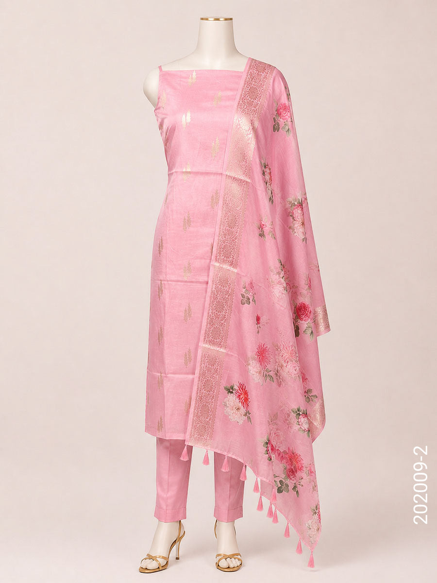 Mercerized Cotton Zari Buta Work Banarasi Suit With Chanderi Dupatta