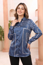 Indigo Blue Shirt Style Top with Bandhani Inspired Print