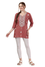 Dusty Tomato Rayon Tunic with Chikankari Embroidery