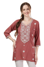 Dusty Tomato Rayon Tunic with Chikankari Embroidery