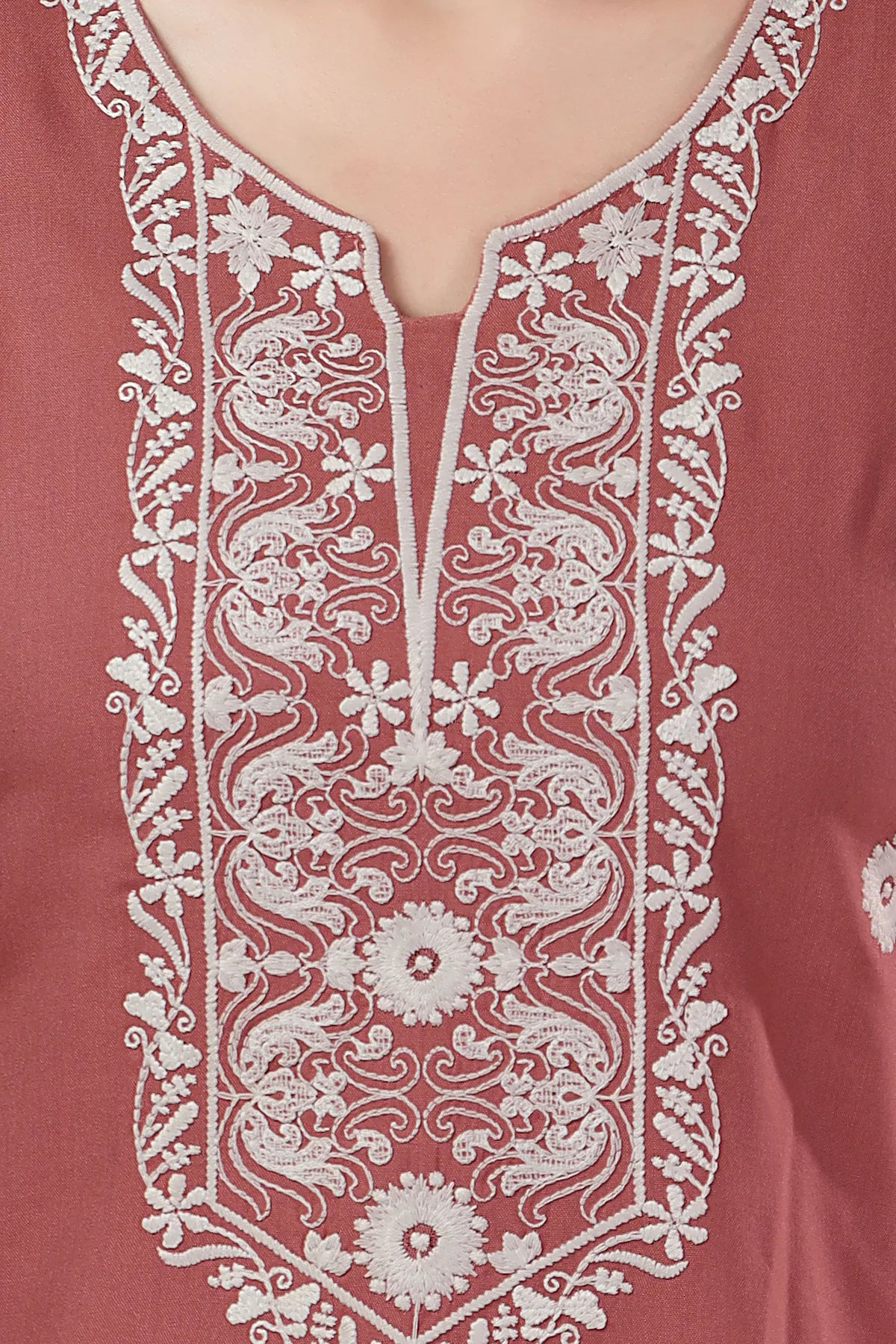 Dusty Tomato Rayon Tunic with Chikankari Embroidery