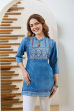 Denim Blue Tunic with Hand Embroidery Yoke