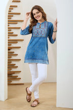 Denim Blue Tunic with Hand Embroidery Yoke