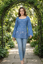 Indigo Blue Denim Short Kurti with Bell Sleeves