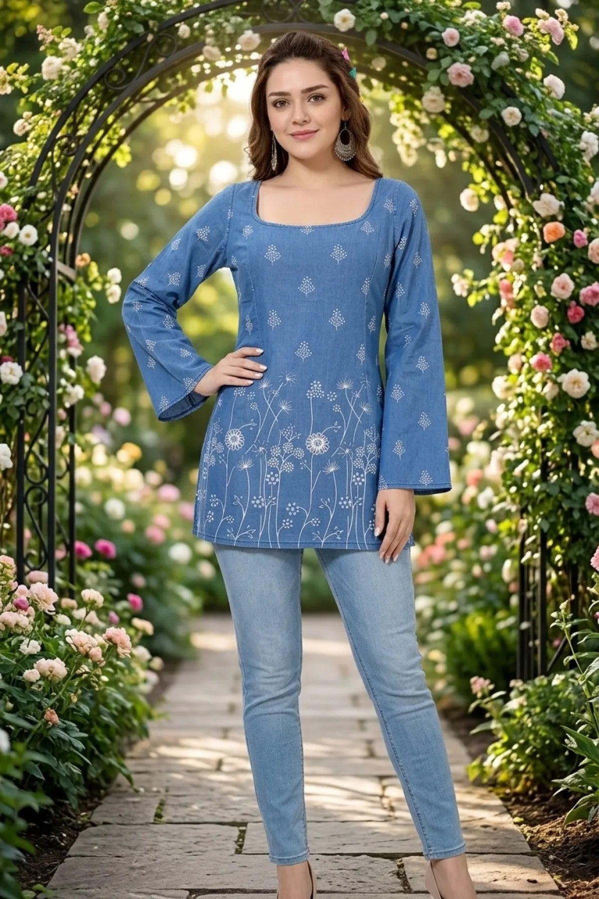 Indigo Blue Denim Short Kurti with Bell Sleeves