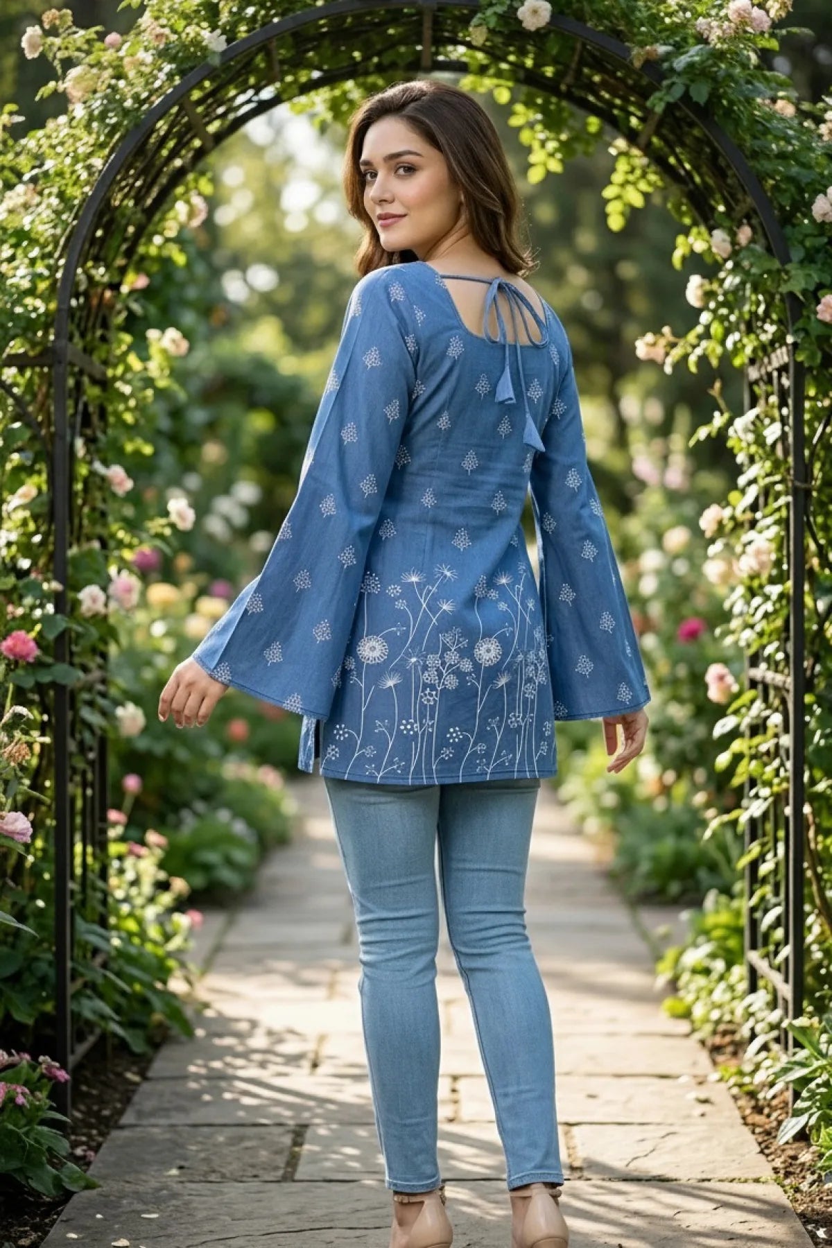 Indigo Blue Denim Short Kurti with Bell Sleeves