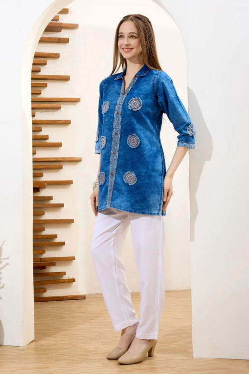 Denim Blue Cloud Washed Short Tunic with Patch Work