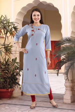 Bluish Grey Rayon Tunic with Floral Thread Embroidery