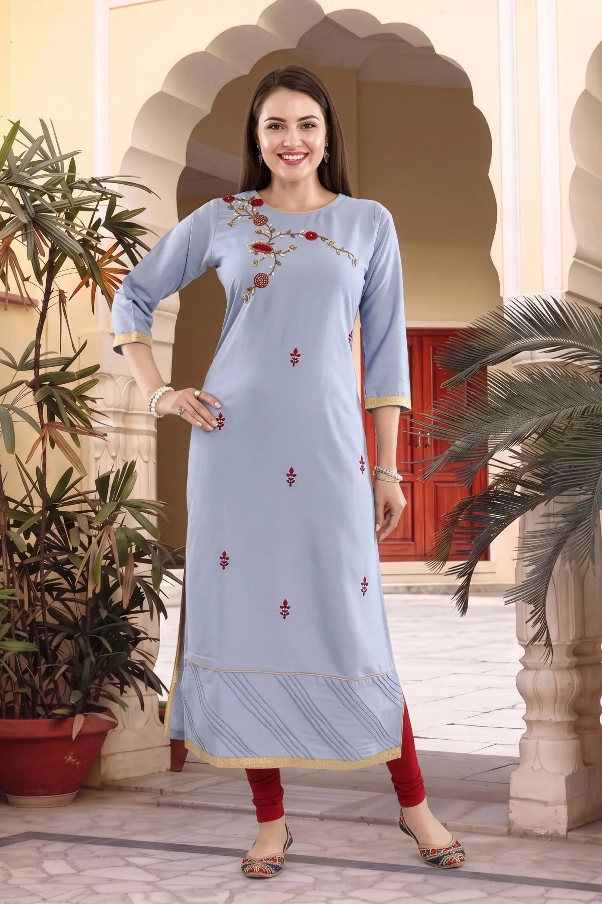 Bluish Grey Rayon Tunic with Floral Thread Embroidery