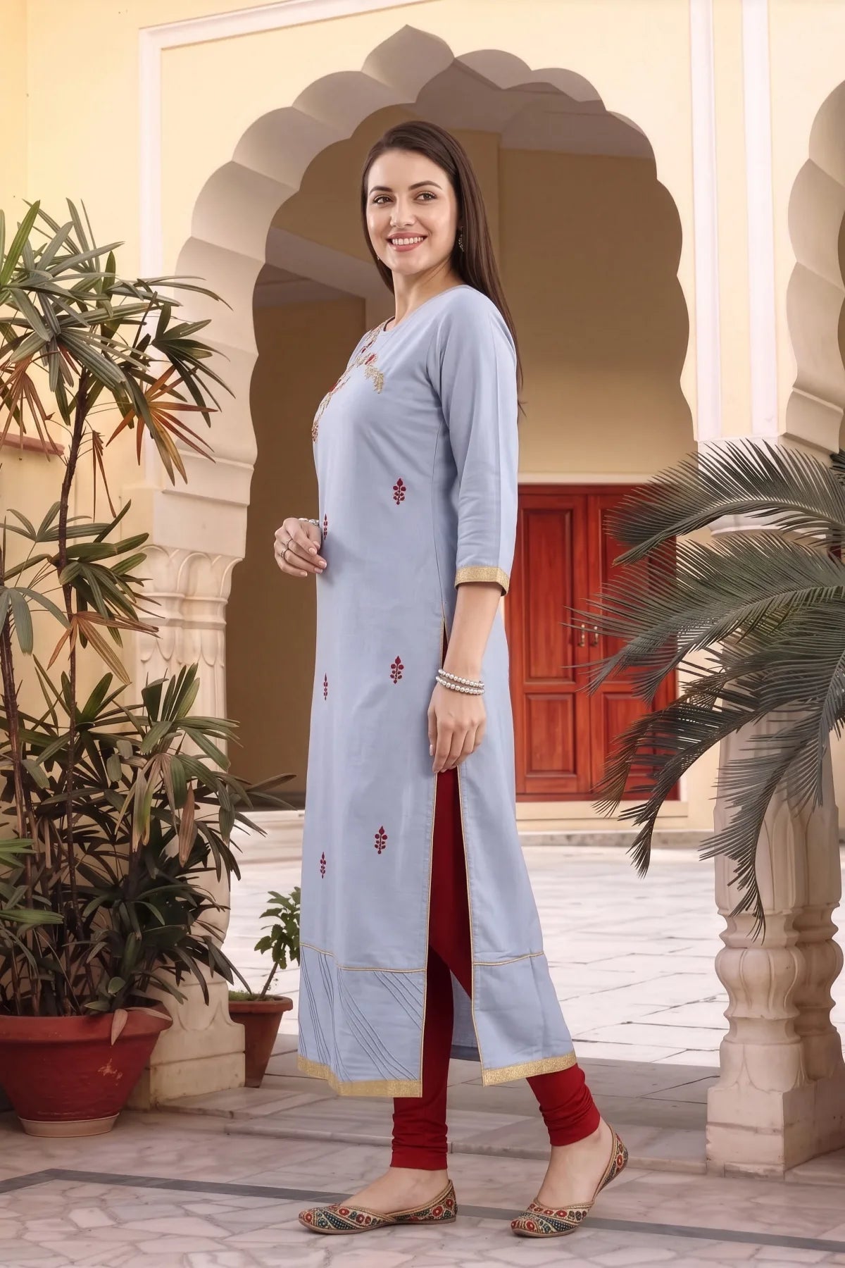Bluish Grey Rayon Tunic with Floral Thread Embroidery