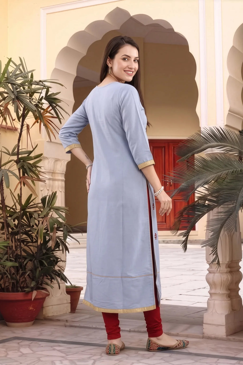 Bluish Grey Rayon Tunic with Floral Thread Embroidery