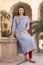 Bluish Grey Rayon Tunic with Floral Thread Embroidery