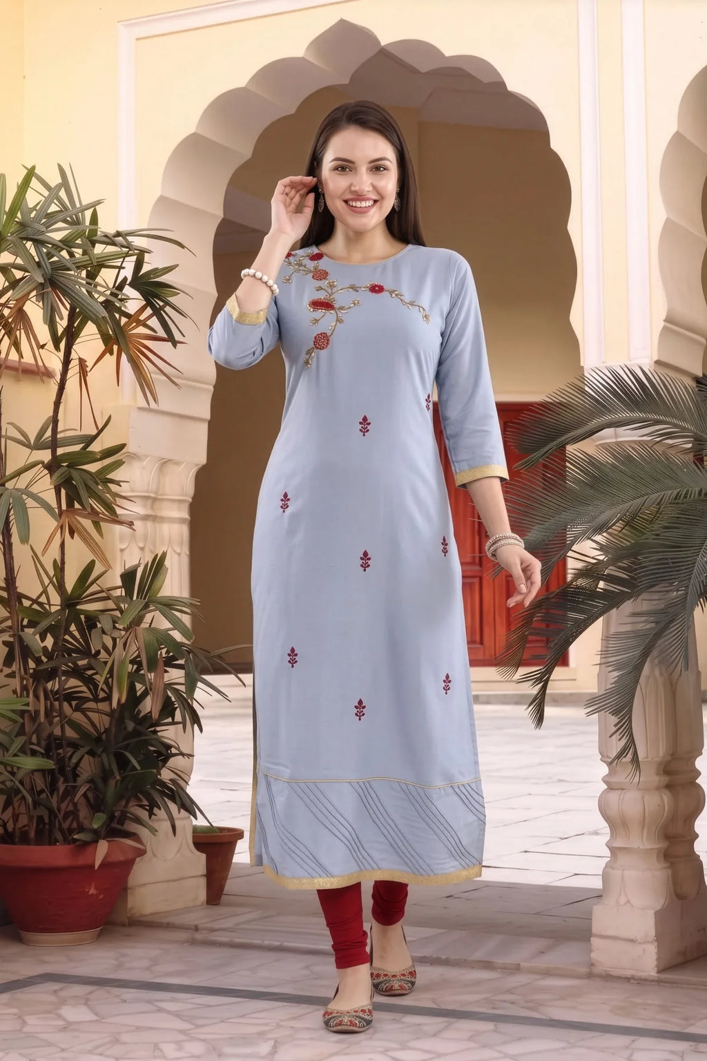 Bluish Grey Rayon Tunic with Floral Thread Embroidery
