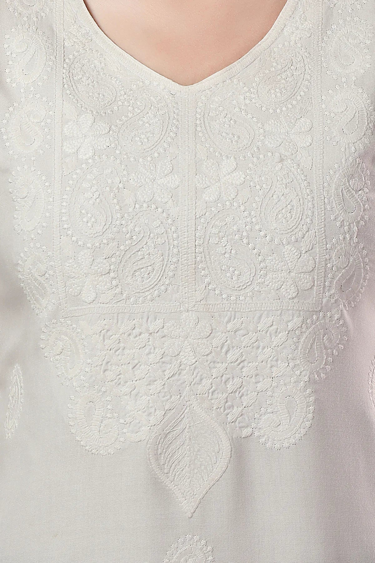 Cream Rayon Chikankari Kurti Tunic