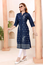 Denim Blue Kurti with Band Collar and Hand Embroidery