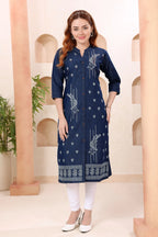 Denim Blue Kurti with Band Collar and Hand Embroidery