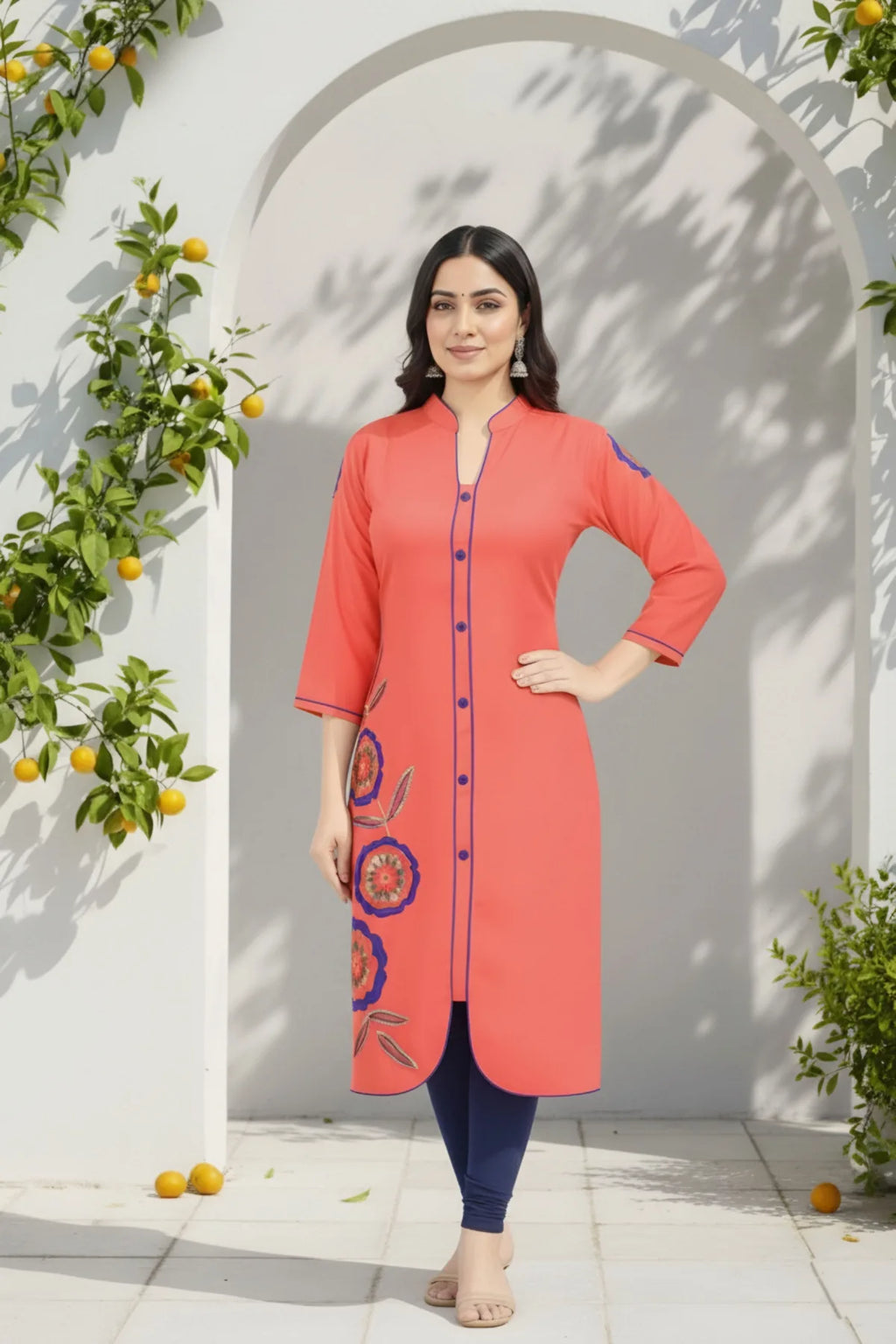 Tomato Red Rayon Tunic with Blue Threadwork