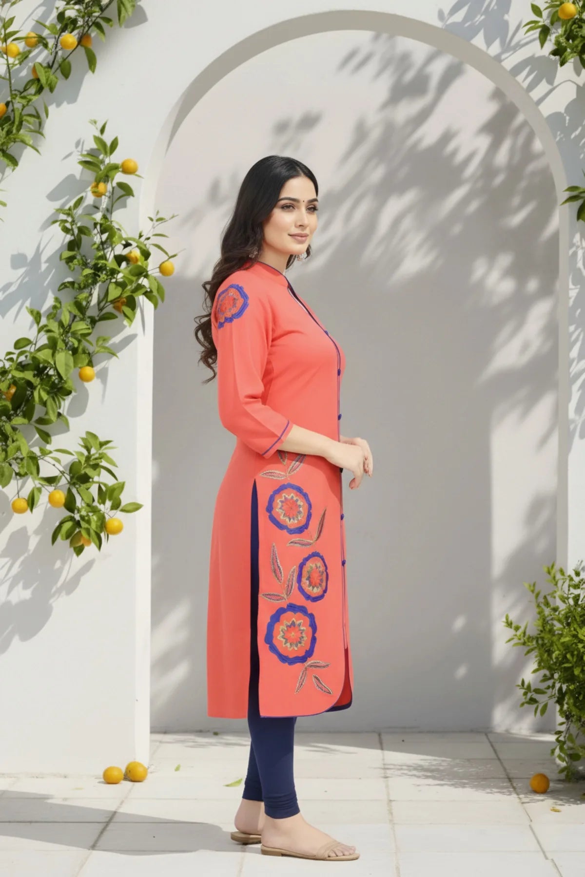 Tomato Red Rayon Tunic with Blue Threadwork