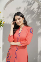 Tomato Red Rayon Tunic with Blue Threadwork