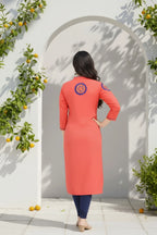 Tomato Red Rayon Tunic with Blue Threadwork