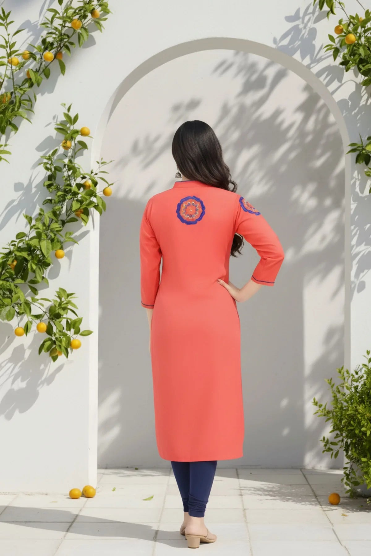 Tomato Red Rayon Tunic with Blue Threadwork