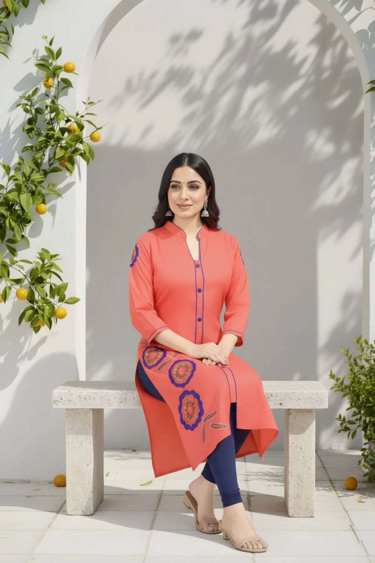 Tomato Red Rayon Tunic with Blue Threadwork