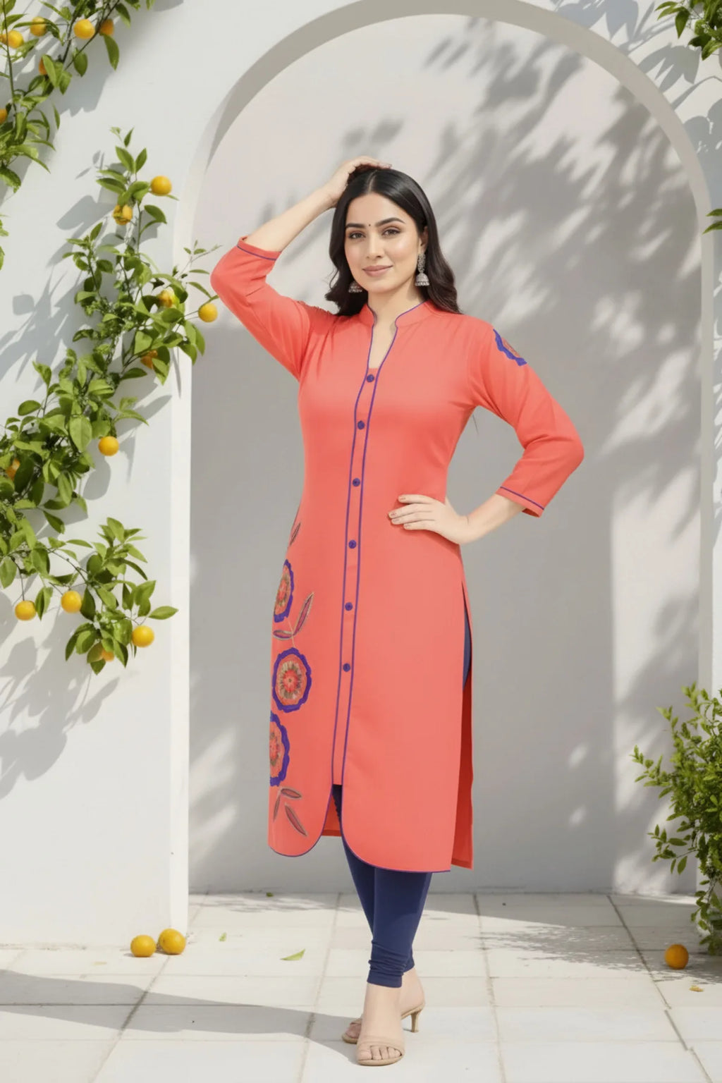 Tomato Red Rayon Tunic with Blue Threadwork