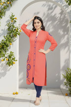 Tomato Red Rayon Tunic with Blue Threadwork