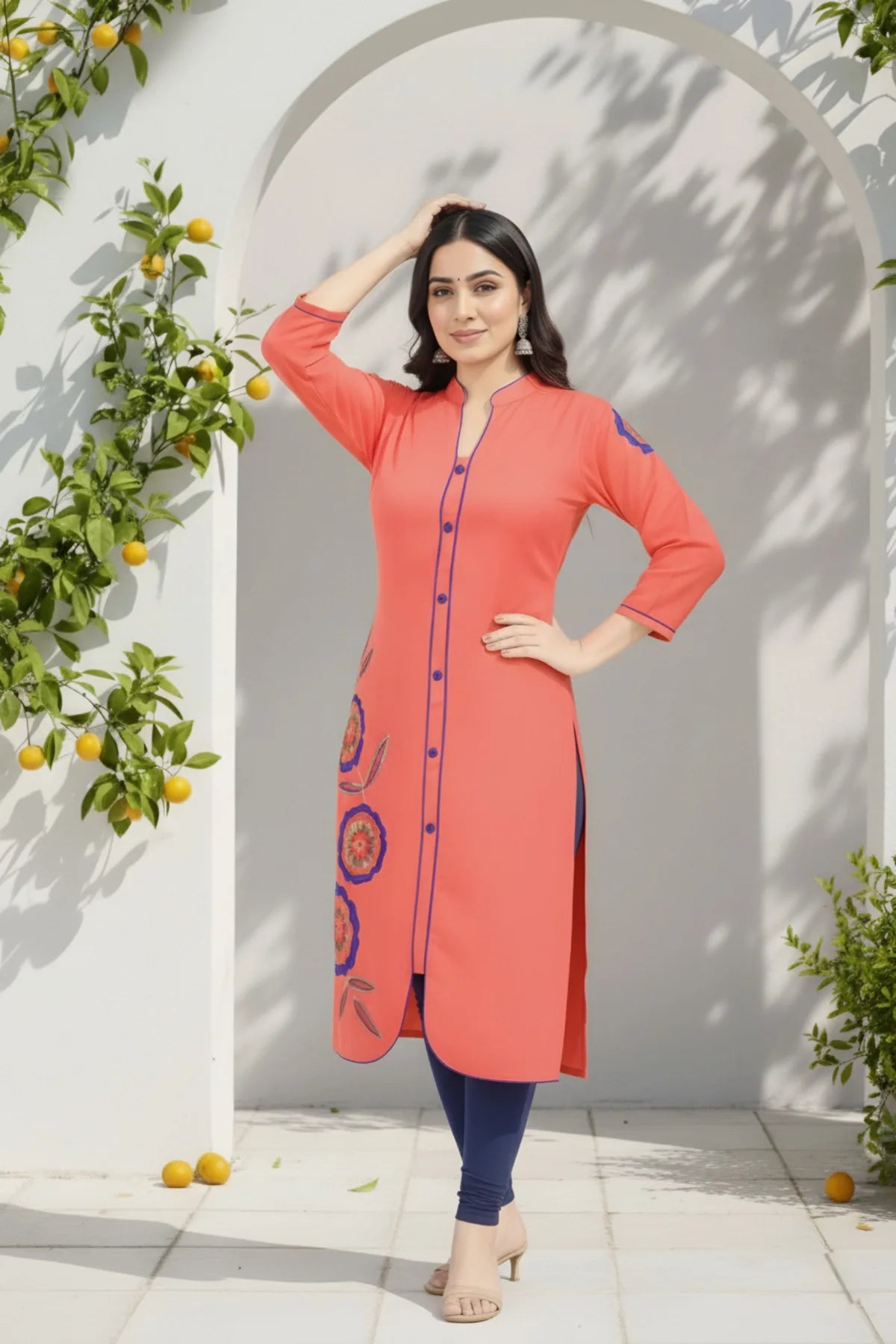 Tomato Red Rayon Tunic with Blue Threadwork