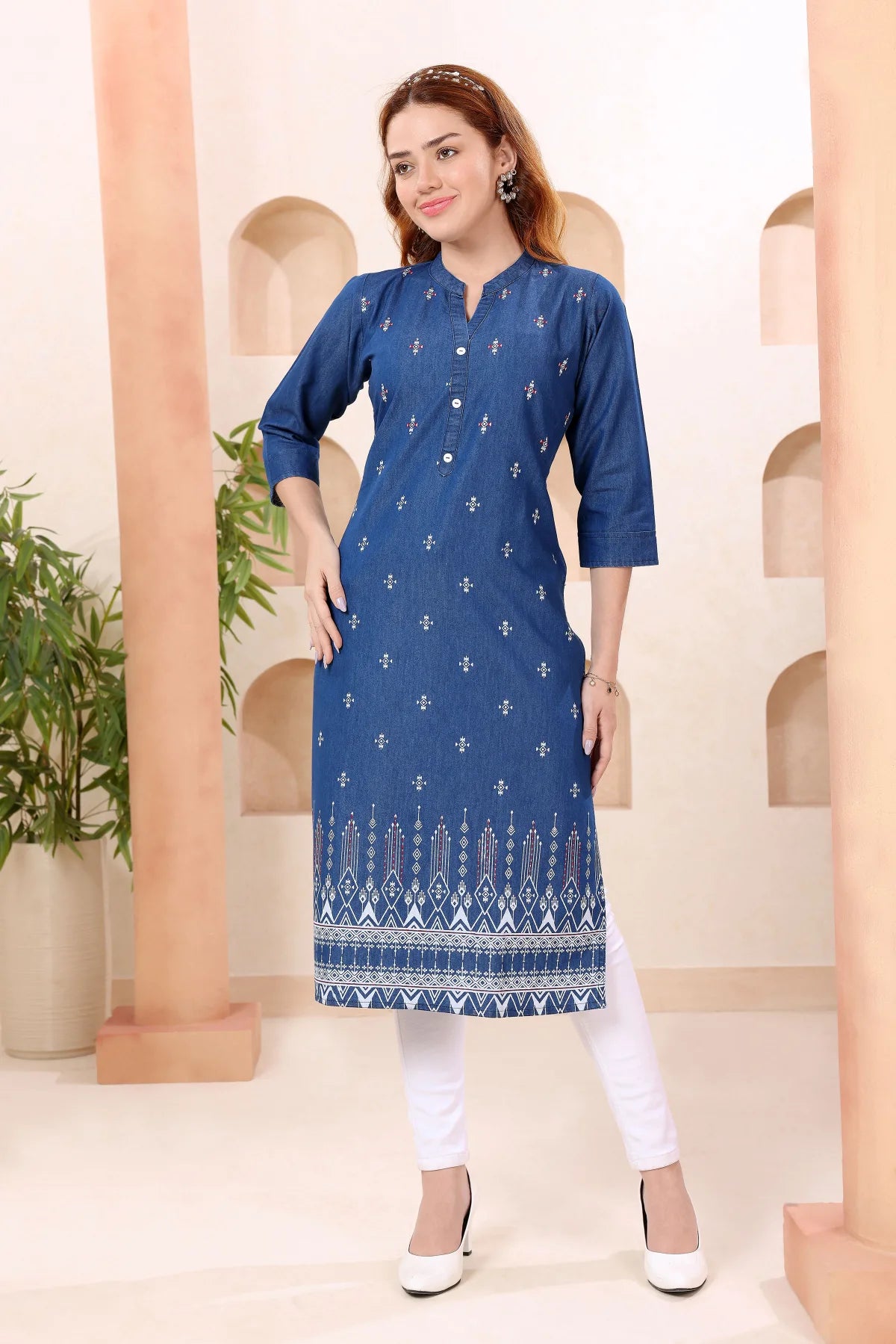 Denim Blue Ban Collar Kurti with Hand Embroidery