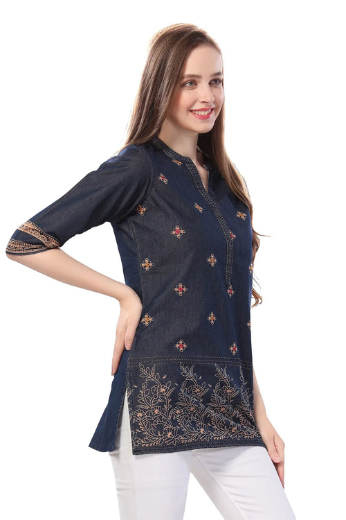 Denim Blue Short Tunic with Print and Thread Work