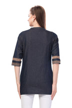 Denim Blue Short Tunic with Print and Thread Work