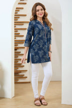 Denim Blue Short Tunic with Wash Print and Thread Work