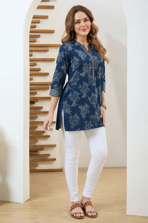 Denim Blue Short Tunic with Wash Print and Thread Work