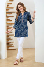 Denim Blue Short Tunic with Wash Print and Thread Work