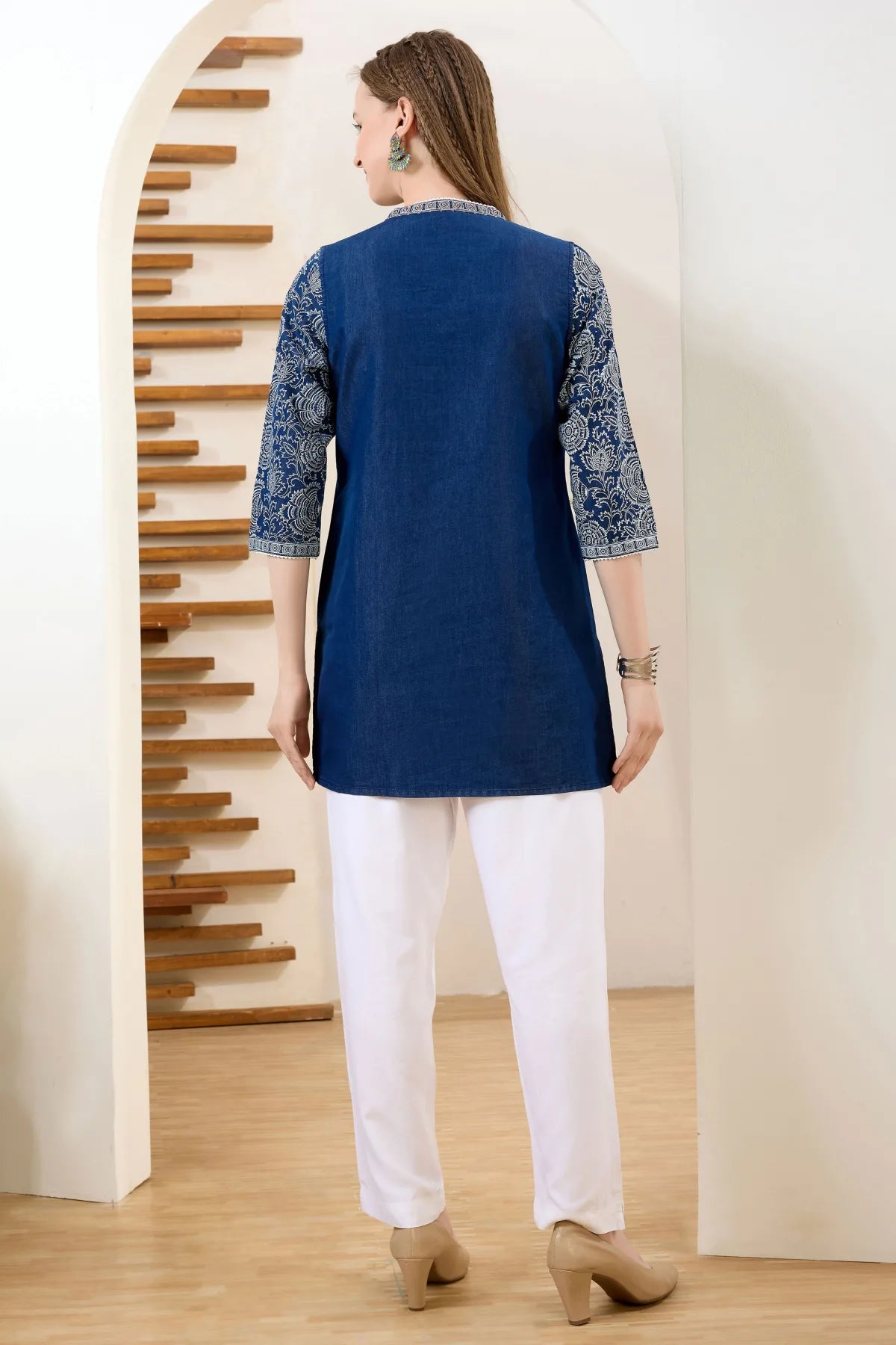 Denim Blue V Neck Short Tunic with Thread Work