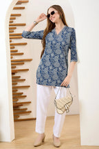 Denim Blue V Neck Short Tunic with Thread Work