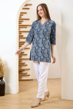 Denim Blue V Neck Short Tunic with Thread Work