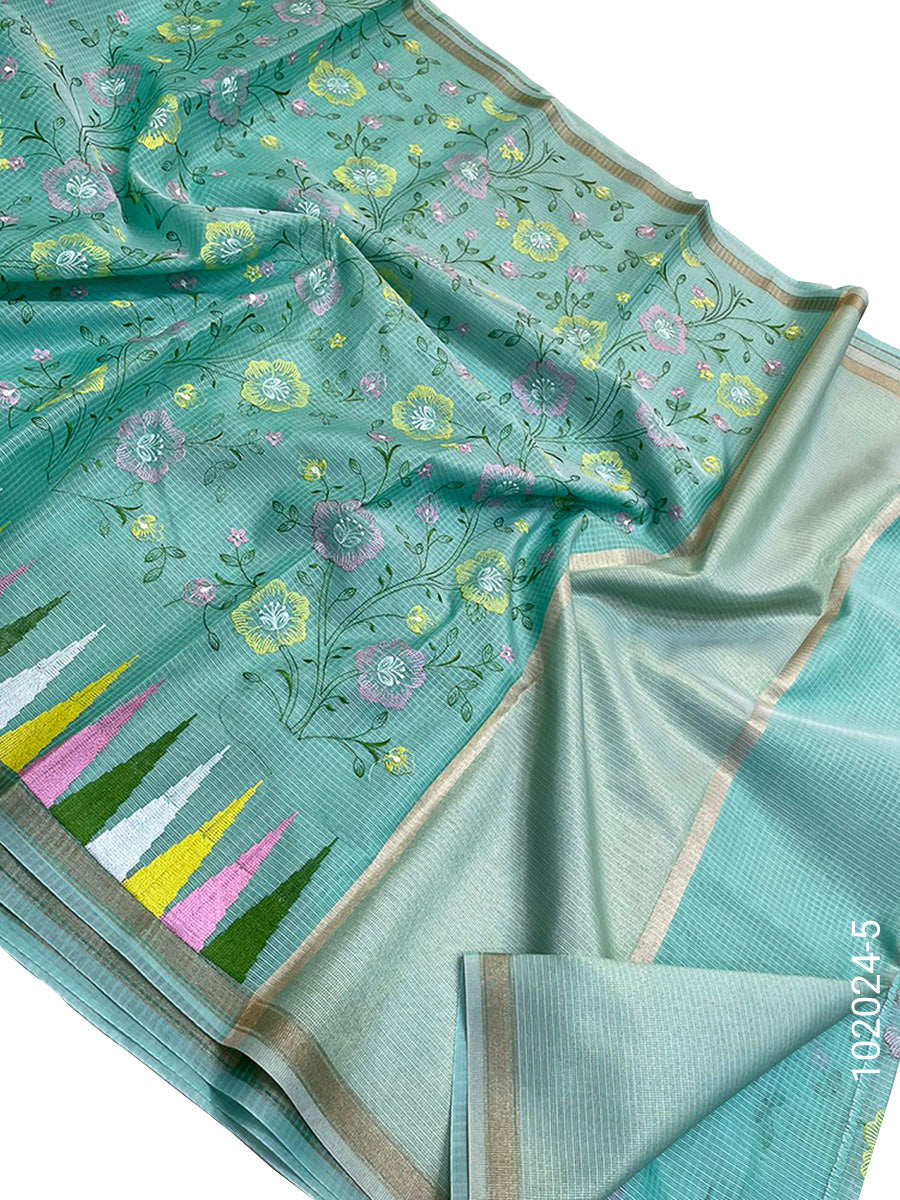 Cotton Embroidery Work Kota Checks Banarasi Saree