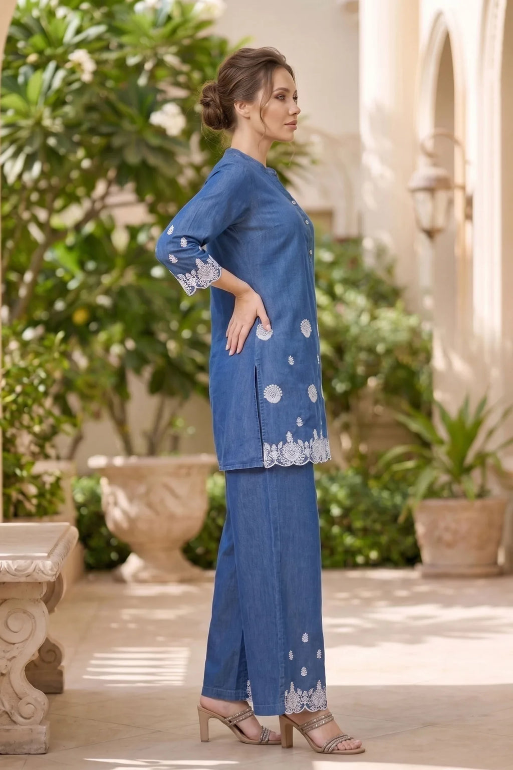 Indigo Denim Co Ord Set with Floral Thread Embroidery