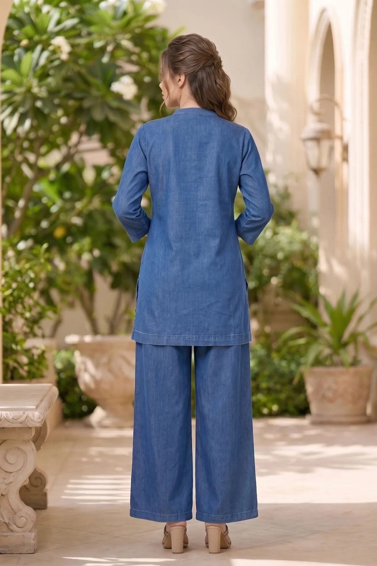Indigo Denim Co Ord Set with Floral Thread Embroidery