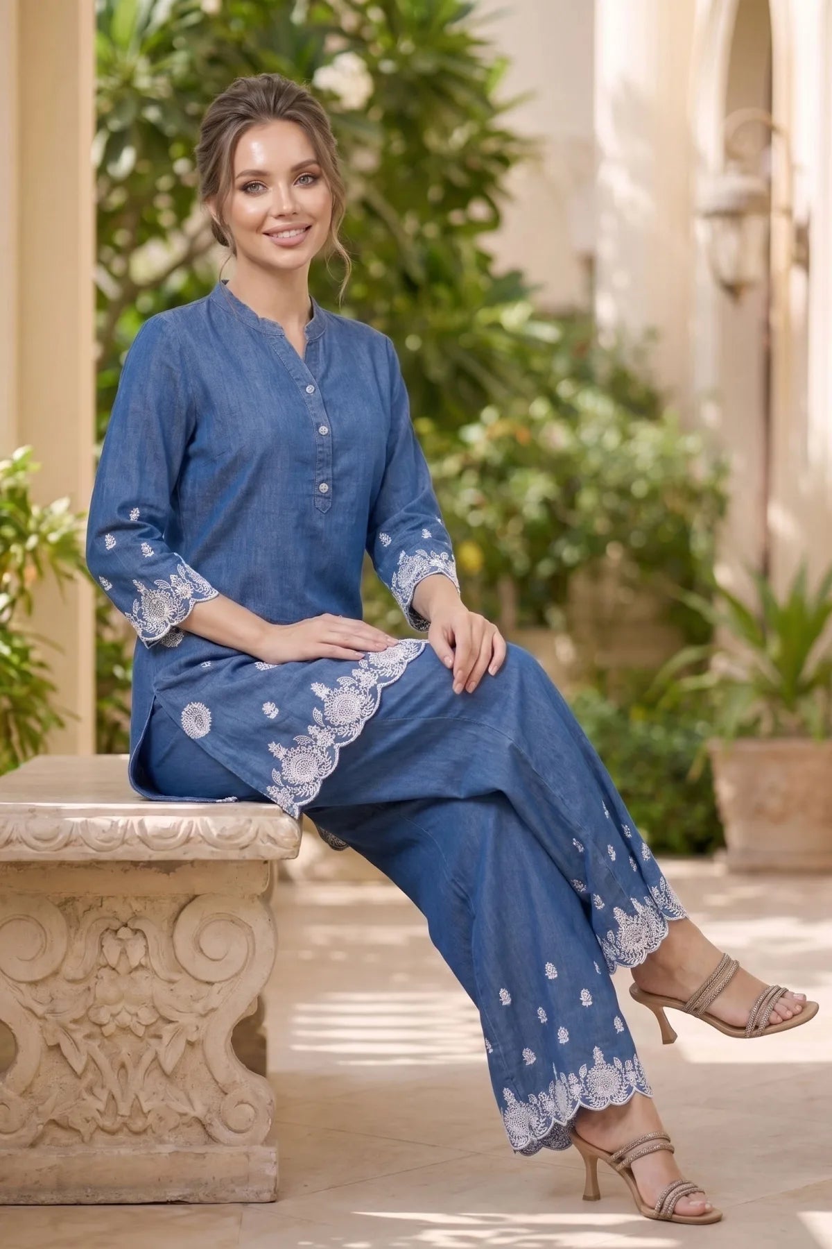 Indigo Denim Co Ord Set with Floral Thread Embroidery