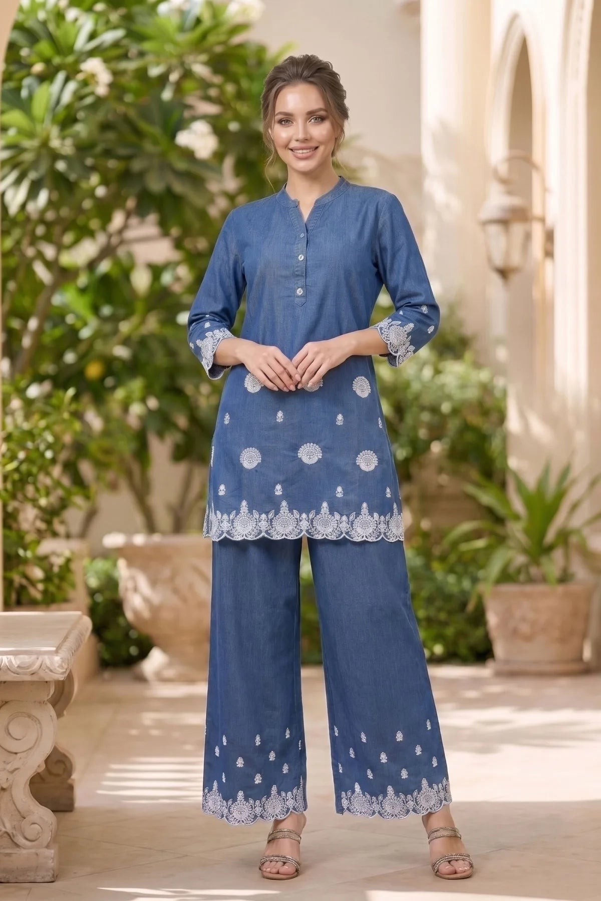 Indigo Denim Co Ord Set with Floral Thread Embroidery